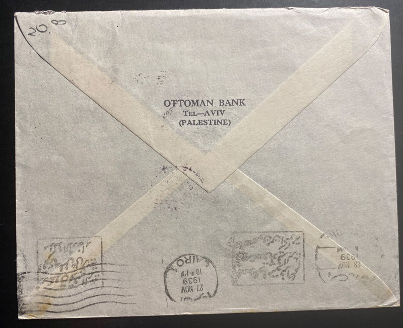 1939 Tel Aviv Palestine Airmail Censored Cover To Ottoman Bank Alexandria Egypt 