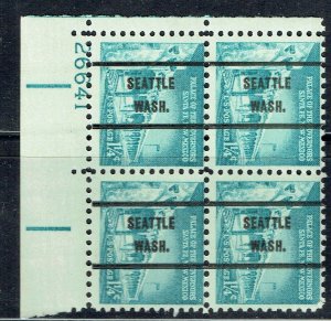 1954 1.25c Liberty PLATE BLK /4 w/precancel (1031a-71) f/SEATTLE WA OGNH #26641