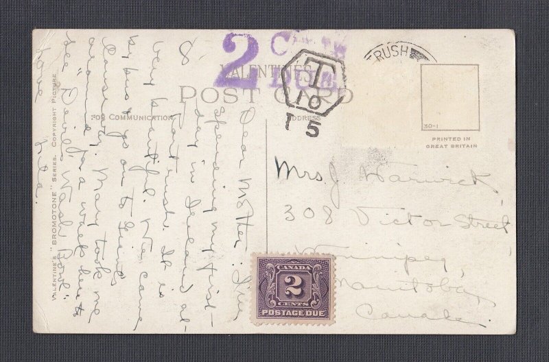 UK 1910s CANADA POSTAGE DUE ON BOATING AT PORTRUSH POSTCARD TO WINNIPEG
