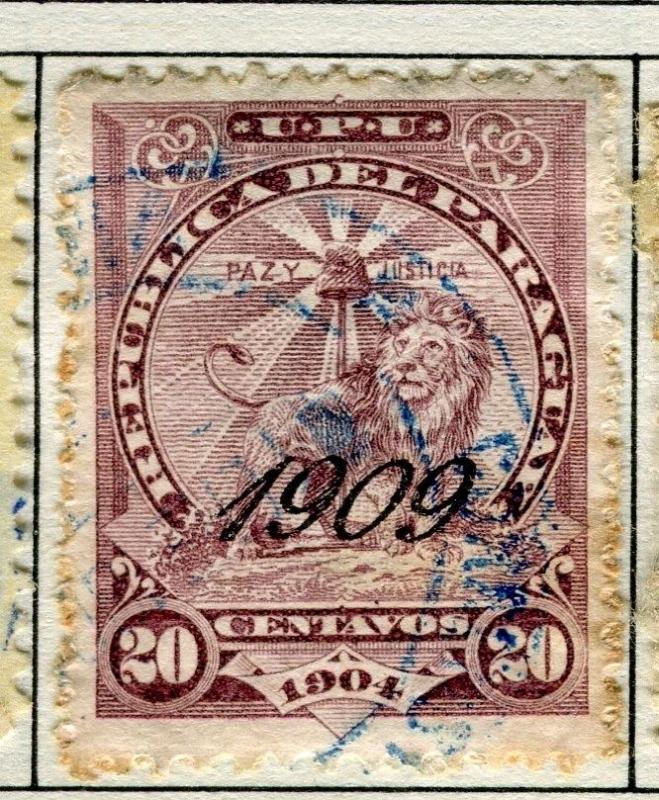 PARAGUAY;   1909 early Lion type Optd. issue fine used 20c. value