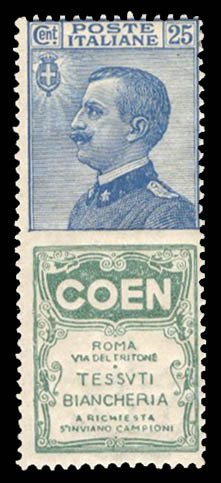 Italy #100d Cat$215, 1924 25c+Coen advertising lavel, very lightly hinged
