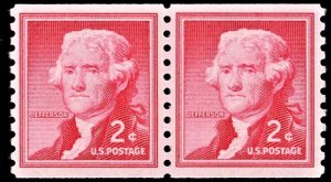 US 1055b MNH VF 2 Cent Thomas Jefferson Coil Pair Small Holes Shiny Gum