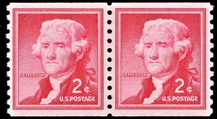 US 1055b MNH VF 2 Cent Thomas Jefferson Coil Pair Small Holes Shiny Gum