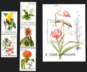 St.Thomas MNH Sc 1021-26 Set + S/S Value $ 16.00 Flora