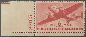 Scott #C25 1941 6¢ Twin-Motored Transport MNH OG F/VF plate number single