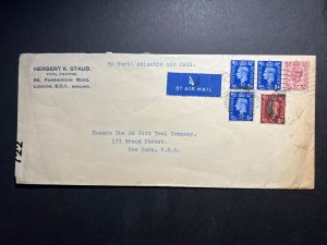 1940 Censored England Airmail Cover London to New York City NY USA