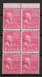 1938 Sc806b 2¢ John Adams booklet pane of 6 MNH