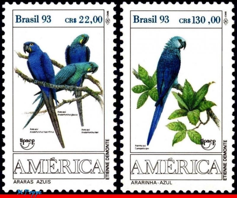 2423-24 BRAZIL 1993 PARROTS, AMERICA ISSUE, UPAEP, BIRDS, MI# 2548-49, SET MNH