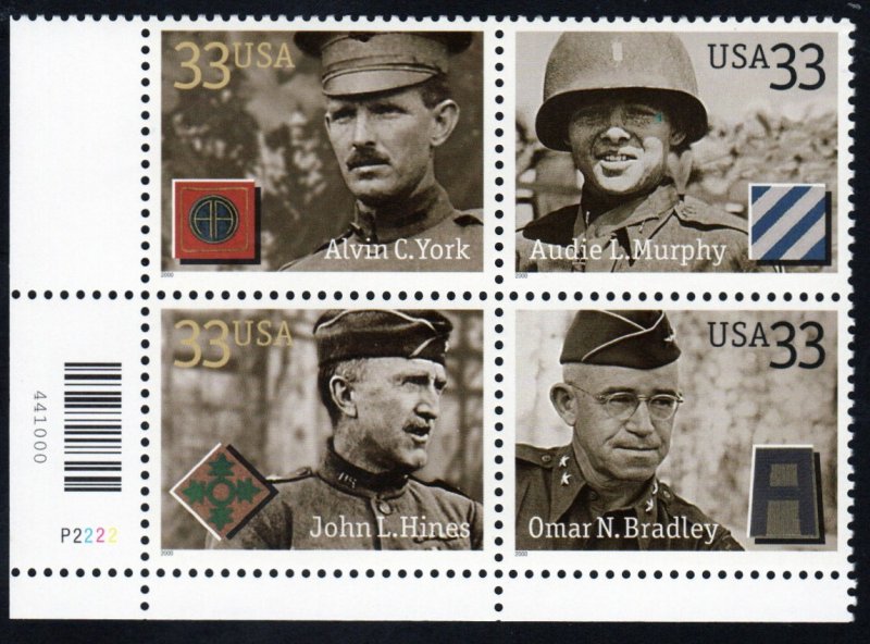 SC# 3393-3396 - (33) - Distinguished Soldiers - MNH Plate Block/4