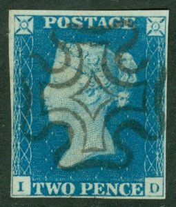 SG 6 1840 2d pale blue plate 1 lettered ID. Superb used with perfectly struck...