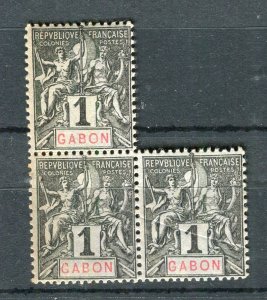 FRENCH COLONIES; GABON 1890s early Tablet type Mint hinged 1c. Block of 3