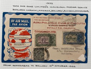 1932 Ahmedabad India First Flight Airmail Cover FFC to Bellary TATA Airways