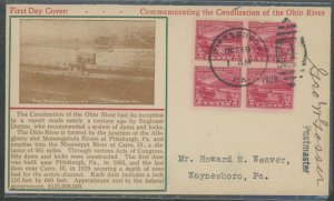 US 681 (1929) 2c Ohio River Canalization (block of four) on an addressed (typed) First Day Cover with a Pittsburgh, PA cancel, t