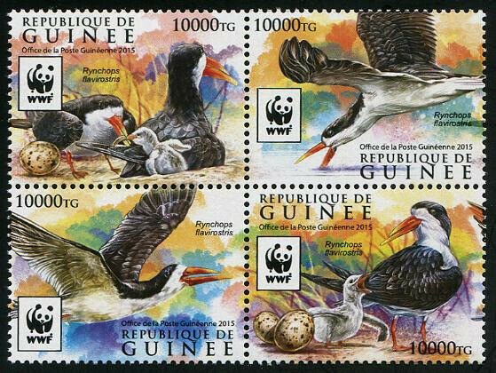 HERRICKSTAMP NEW ISSUES GUINEA W.W.F. Skimmer Bird Block of 4 Diff.