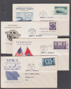 US Mel 939-22 - 942-27 FDC-s, 1946 issues, 4 diff, Grimsland cachets, addressed