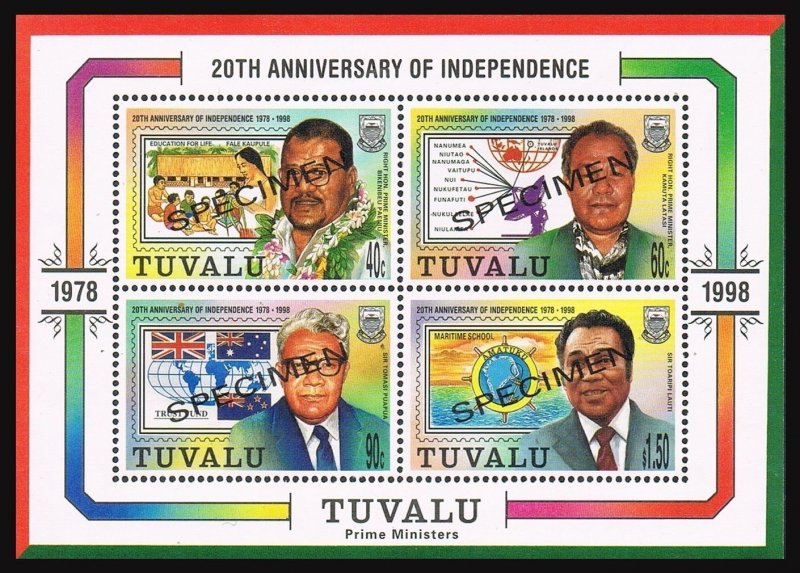 Tuvalu 785-788,788a SPECIMEN,MNH. Independence-20,1998.Politicians.Globe,Stamps