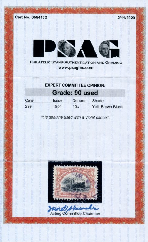 US 299 10c 1901 Pan American Exposition Fast Ocean Navigation PSAG grade 90 used