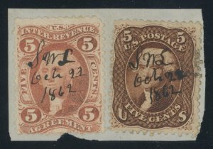 USA 75 Fine used on piece as revenue with R23c - 1862 Manuscript Cancel