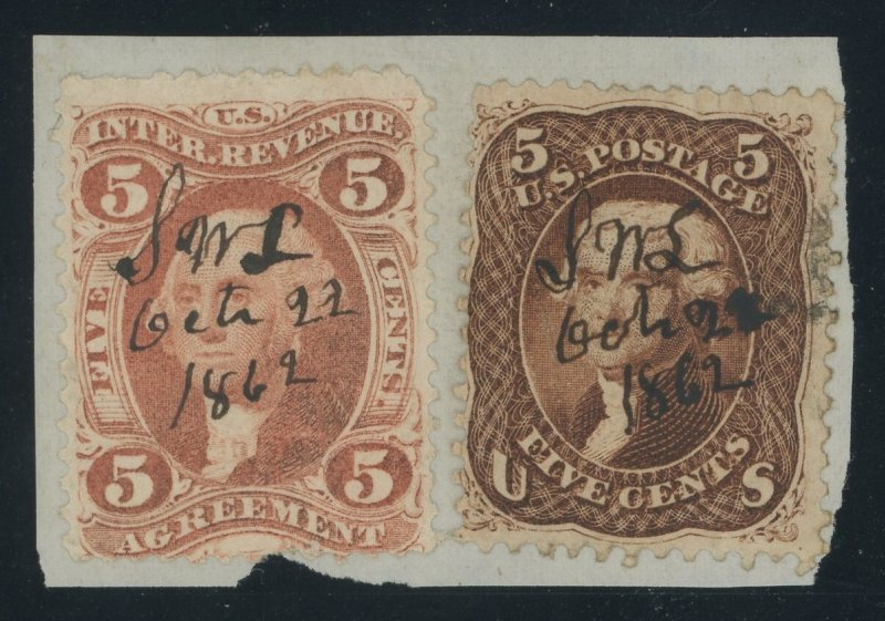 USA 75 Fine used on piece as revenue with R23c - 1862 Manuscript Cancel