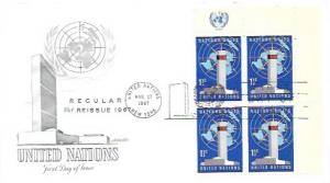 United Nations FDC. 1967 Reissue 1 1/2 cent UN stamps. Corner Block