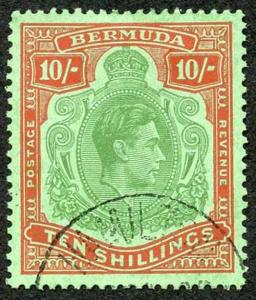 Bermuda SG119f KGVI 10/- Green & Dull Red/green Perf 13 Superb used