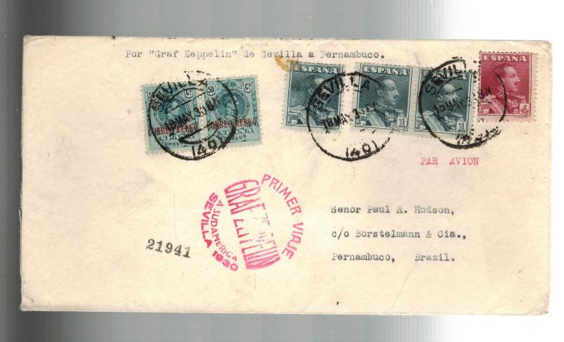 1930 Seville Spain Graf Zeppelin First FLight Cover to Pernambuco Brazil LZ 127