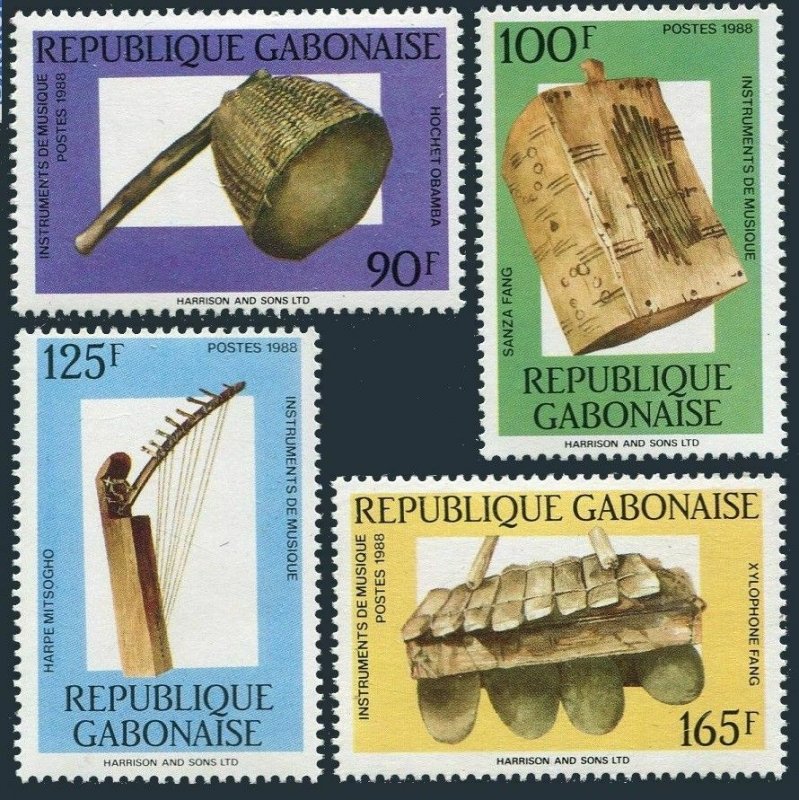 Gabon 638-641,641a,MNH.Mi 1005-1008,Bl.59. Traditional musical instruments,1988.