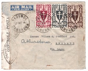 France Libre CAMEROON WW2 Cover *Yaounde* 1944 CENSOR Warwicks Atherstone MA391