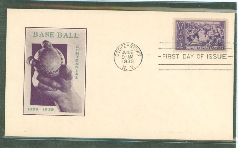 US 855 1939 3c Baseball Centennial (single) on an unaddressed FDC with a Coopertown machine cancel and an unknown cachet