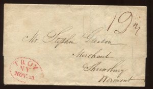 1827 Troy NY NOV 23. Red Oval Handstamp on Stampless Cover to Vermont LV6512