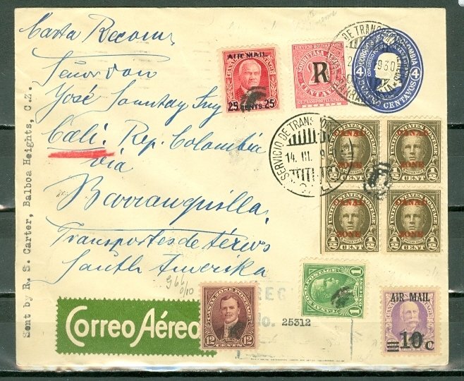 CANAL ZONE 1930 UNIQUE ROUND TRIP REGISTERED AIR COVER (SCADTA) to COLOMBIA