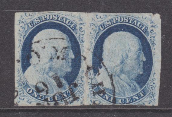 US Sc 9 used 1852 1c Franklin type IV Horizontal Pair, Pos. 62-63R1L