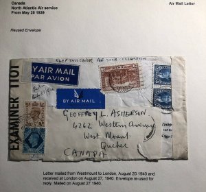 1940 Westmount Canada Censored Airmail Re Used Cover To London