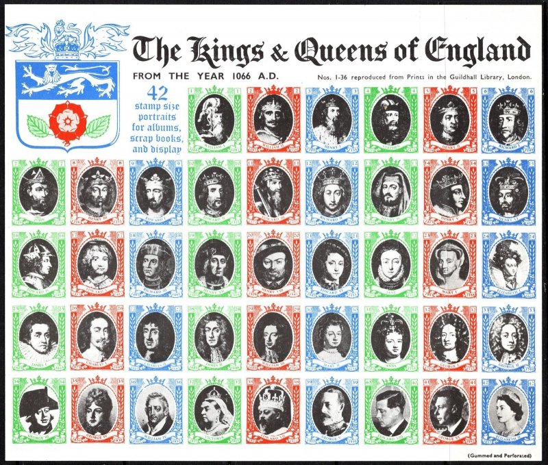 Vintage US Poster Stamp Kings And Queens Of England 1066 To Elizabeth II
