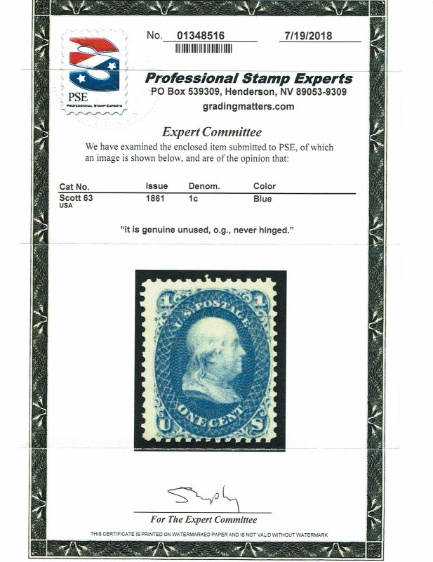 Scott #63 Fine-OG-NH. With 2018 PSE certificate.