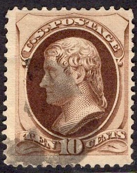 US Stamp #188 10c Brown Jefferson USED SCV $30