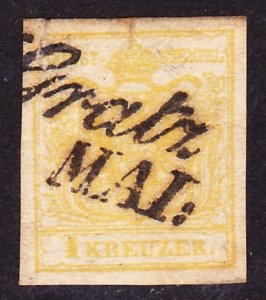 Austria, Scott 1, VF Used, 1kr Yellow, Nice Cancel, Tear at Top