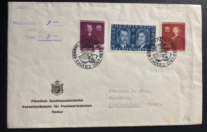 1943 Vaduz Liechtenstein First Day Cover FDC To Ziehlschlacht Switzerland