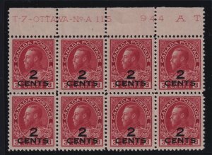 Canada Sc #140 (1926) 2c on 3c Admiral Provisional Plate Block Mint VF H