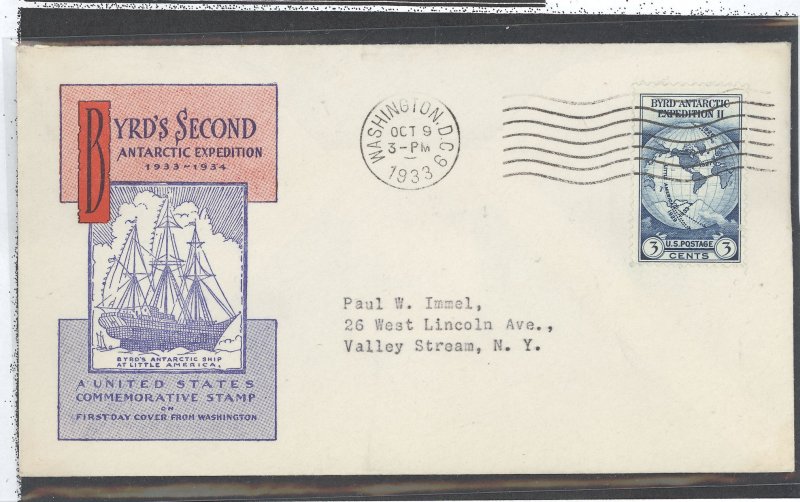 US 733 1933 3c Byrd's second Antarctic Expedition on an addressed FDC with an Anderson cachet