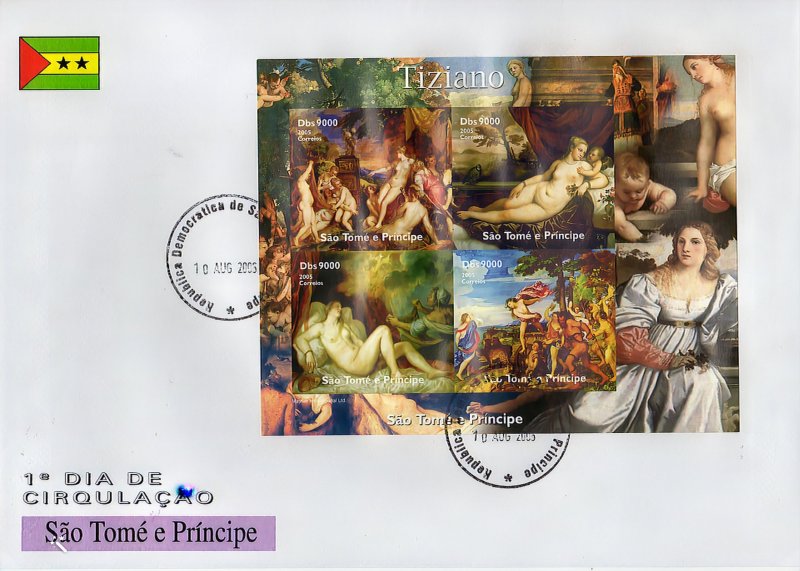 Sao Tome and Principe 2005 TITIAN FAMOUS NUDES PAINTINGS SHLT.IMPERFORATED FDC