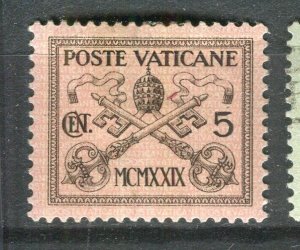 VATICAN; 1929 early Pope Pius XI issue fine Mint hinged 5c. value