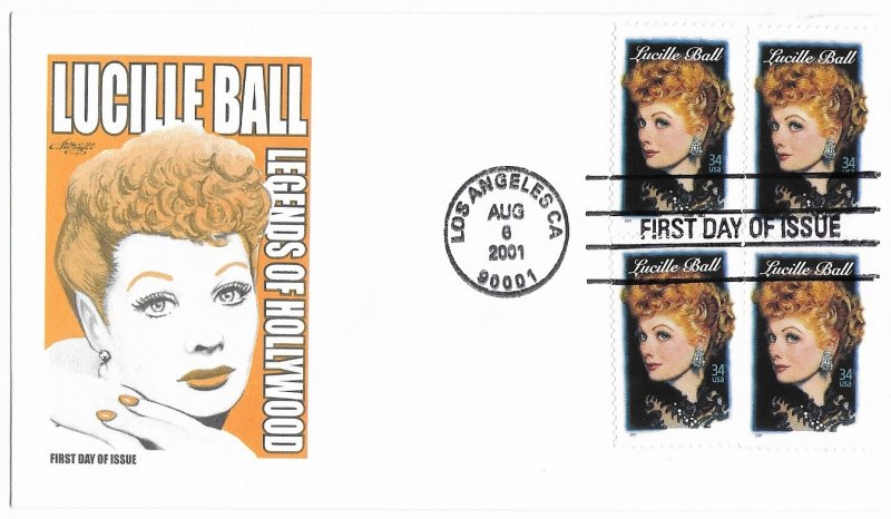 #3523, 34c Lucille Ball, Artmaster cachet, block of 4