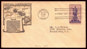 Scott 799 - 3 Cents Hawaii Anderson FDC Typed Address Planty 799-2