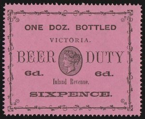 VICTORIA Beer Duty 1895 QV 6d black on rose 1 Doz Bottled, wmk V crown sideways.