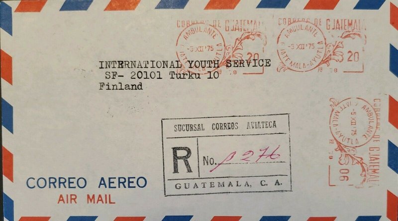 A) 1975, GUATEMALA, METER STAMP, QUETZAL, REGISTERED, CIRCULATED COVER TO FINLAN