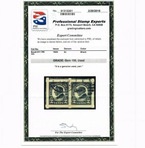 EXCEPTIONAL GENUINE SCOTT #611 USED MASSIVE PAIR PSE CERT GRADED GEM-100  #9804