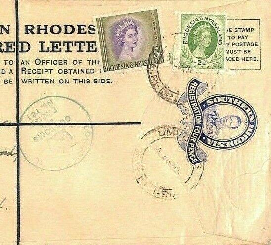 SOUTHERN RHODESIA KGVI Registered Stationery *Umvukwes* QEII 5s High Value Ap582