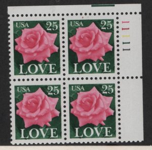 US, 2378, MNH, PLATE BLOCK, 1988, LOVE ISSUE (ROSES)