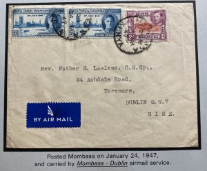 1947 Mombasa Kenya Airmail Cover To Rev Lawless Dublin Ireland